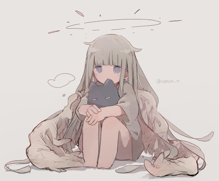 1girl, aiamu_iamu, angel, angel_wings, brown_hair, cat, grey_eyes, grey_hair, halo, oversized_wings, long_hair, looking_at_viewer, hugging_object, original, pale_skin, purple_hair, sitting, solo, stuffed_toy, wings