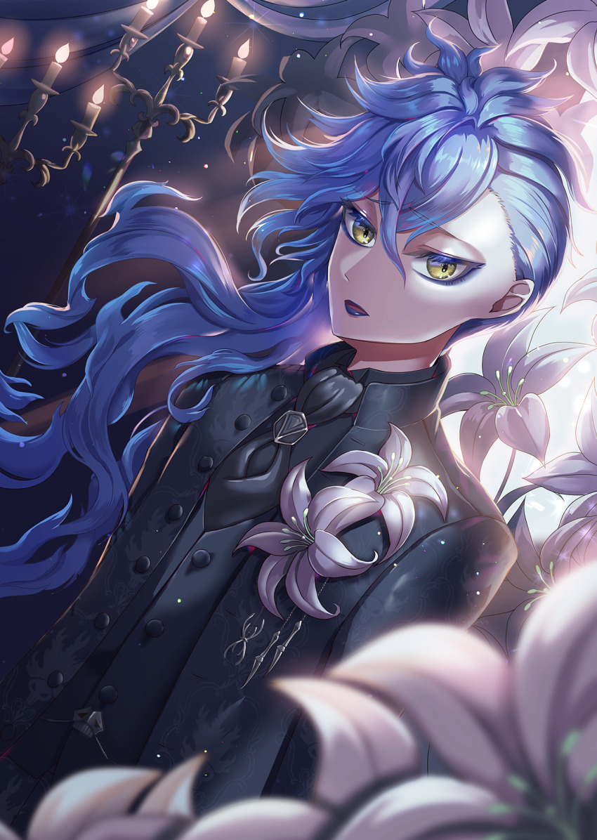1boy, black_jacket, black_shirt, black_vest, blue_hair, blurry, boutonniere, candle