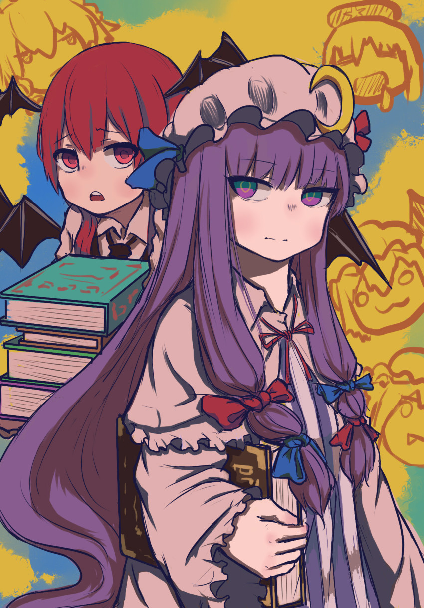 2girls, bat_wings, book, book_stack, capelet, crescent, crescent_hat_ornament, d: