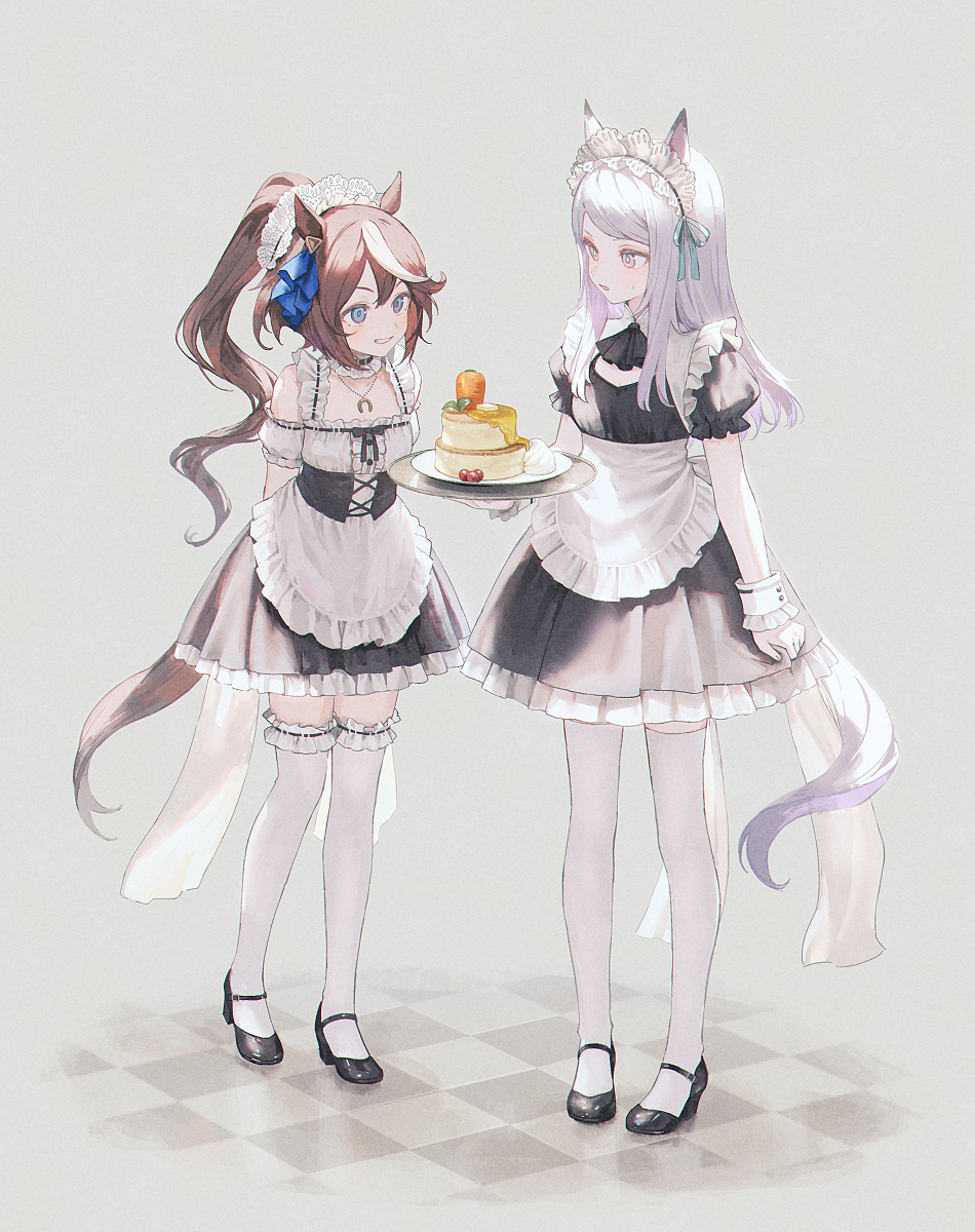21_(nijuichinichi), 2girls, alternate_costume, animal_ears, apron, arm_garter, arms_behind_back, black_dress