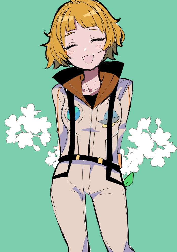 1girl, blush, brown_hair, closed_eyes, fuurin_kingyou, high_collar, hoshihara_souka, jacket, open_mouth, sakura_kakumei, sakura_taisen, sega, short_hair, smile