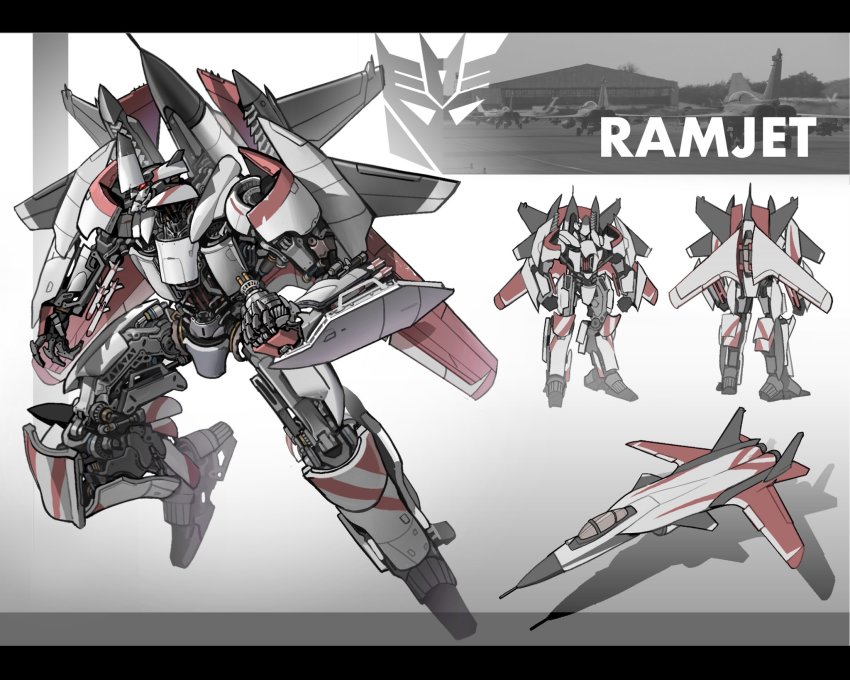 aircraft, airplane, character_name, clenched_hands, commentary, decepticon, english_commentary, fighter_jet, highres, kamitoge_supino, letterboxed, looking_ahead, mecha, military, military_vehicle, multiple_views, no_humans, open_hands, ramjet, red_eyes, redesign, reference_sheet, robot, science_fiction, su-47, sukhoi, transformers