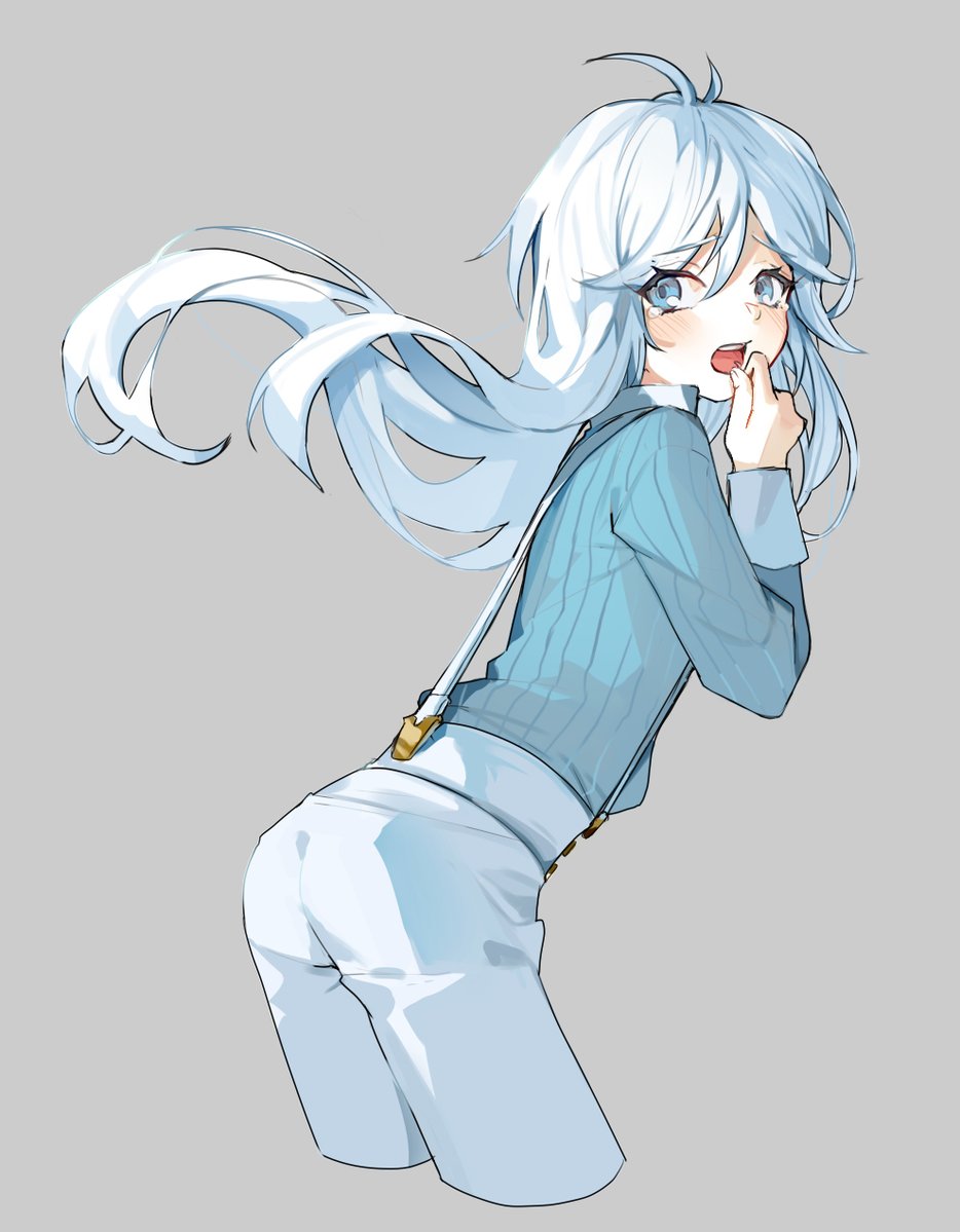 1boy, iwakiyamayukisatoshironanogojuurokushi_akira, blue_eyes, commentary, grey_background, hair_between_eyes, kemono_jihen, long_hair