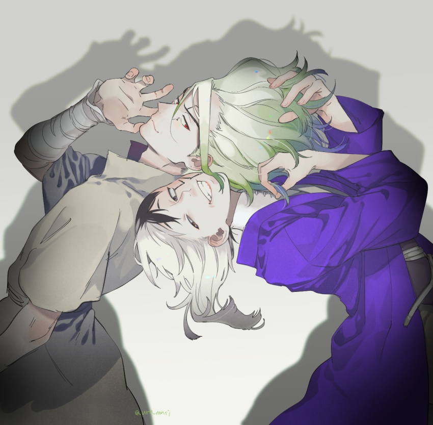 :d, asagiri_gen, bandaged_arm, bandages, bending_backward, black_hair, blue_hair, dr._stone