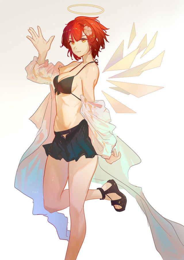 1girl, arknights, bikini, bikini_top_only, black_skirt, energy_wings, exusiai_(arknights), halo