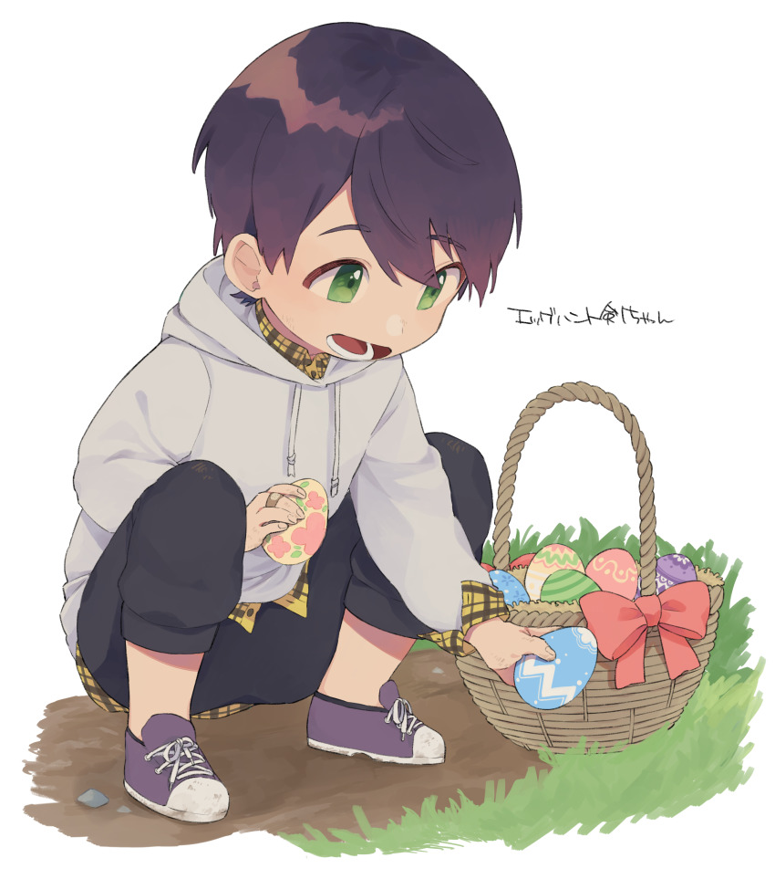 1boy, absurdres, aged_down, arata_(user_jjxc7843), black_hair, black_pants, easter_egg, egg