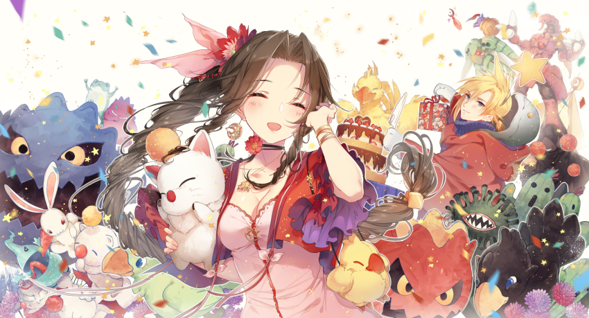 1boy, 1girl, :d, ^_^, aerith_gainsborough, birthday_cake, blush, bomb_(final_fantasy)