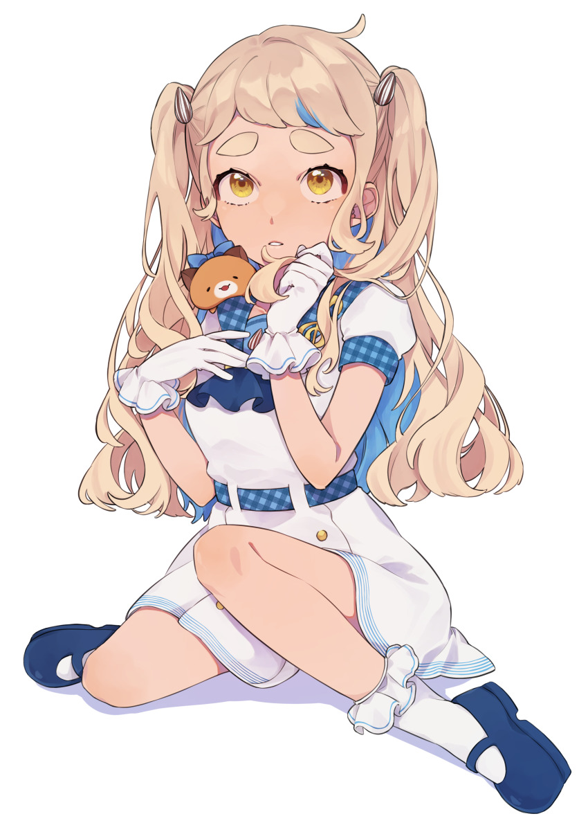 1girl, absurdres, arata_(user_jjxc7843), belt, blonde_hair, blue_belt, blue_bow, blue_footwear, bow, dress, frilled_socks, frills, gloves, gonzalez_(machita_chima), hair_behind_ear, hamster, highres, looking_up, machita_chima, machita_chima_(sailor_dress), nijisanji, simple_background, socks, solo, squatting, thick_eyebrows, two_side_up, virtual_youtuber, white_background, white_dress, white_gloves, yellow_eyes