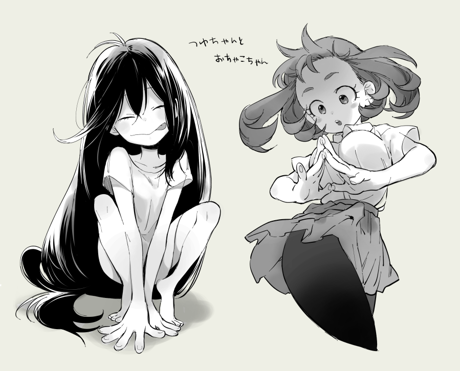 2girls, :>, :o, asui_tsuyu, boku_no_hero_academia, bow, casual, closed_eyes, cowboy_shot, cropped_legs, full_body, greyscale, hair_between_eyes, hair_bow, hand_focus, long_bangs, long_hair, monochrome, multiple_girls, multiple_views, oversized_clothes, oversized_shirt, pantyhose, shirt, short_hair_with_long_locks, simple_background, tongue, tongue_out, translation_request, u.a._gym_uniform, upskirt, ura_musi, uraraka_ochako, very_long_hair