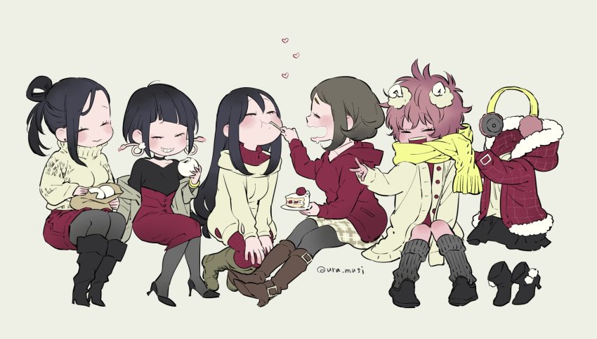 :d, ashido_mina, asui_tsuyu, steamed_bun, boku_no_hero_academia, cake, cake_slice, chibi, eating, closed_eyes, feeding, food, fruit, grin, hagakure_toru, heart, highres, holding, holding_food, jiro_kyoka, limited_palette, multiple_girls, open_mouth, pantyhose, sitting, smile, strawberry, twitter_username, ura_musi, uraraka_ochako, v, winter_clothes, yaoyorozu_momo