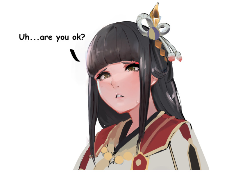 1girl, black_hair, blunt_bangs, brown_eyes, english_text, eyeshadow, head_tilt, hinoa, long_hair, makeup, monster_hunter_(series), monster_hunter_rise, parted_lips, reborns, red_eyeshadow, robe, sketch, solo, sweatdrop, white_background, worried