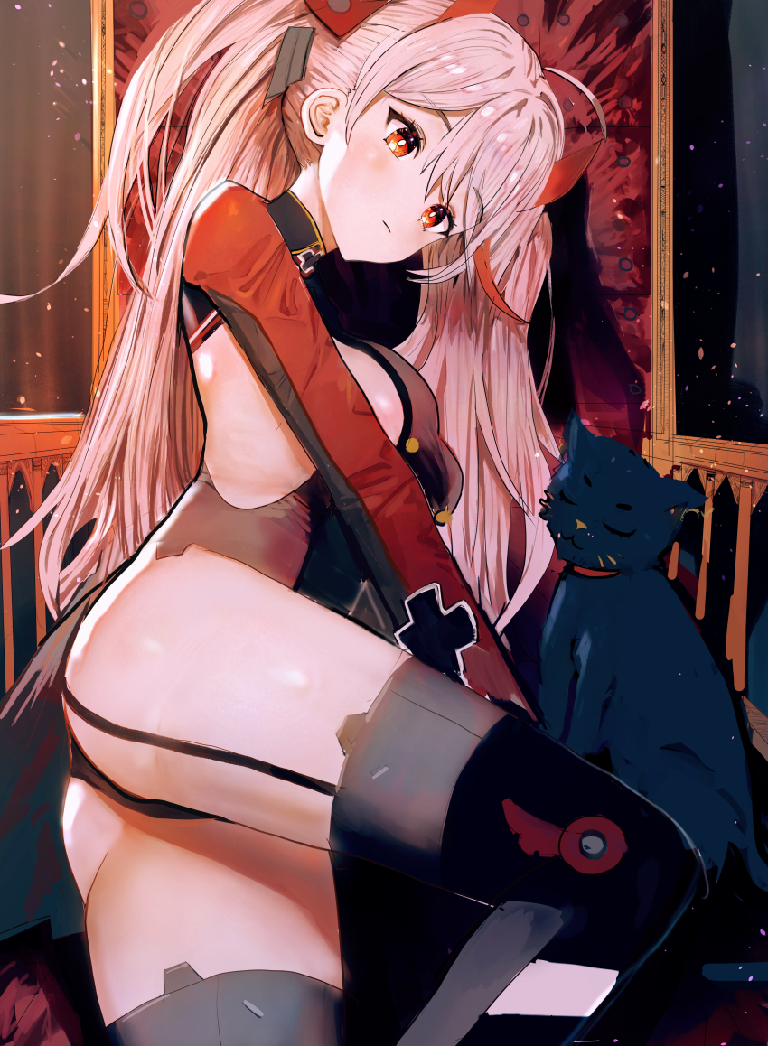 1girl, absurdres, ah_(pixiv62888100), ahoge, animal, ass, azur_lane, black_cat