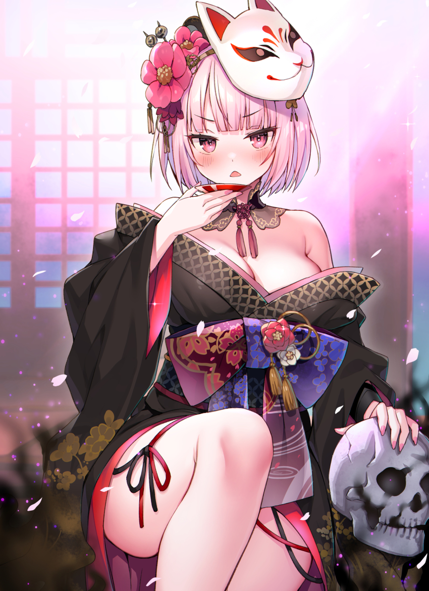 1girl, ayaoshiro, bare_shoulders, black_kimono, blunt_bangs, blush, breasts, cleavage
