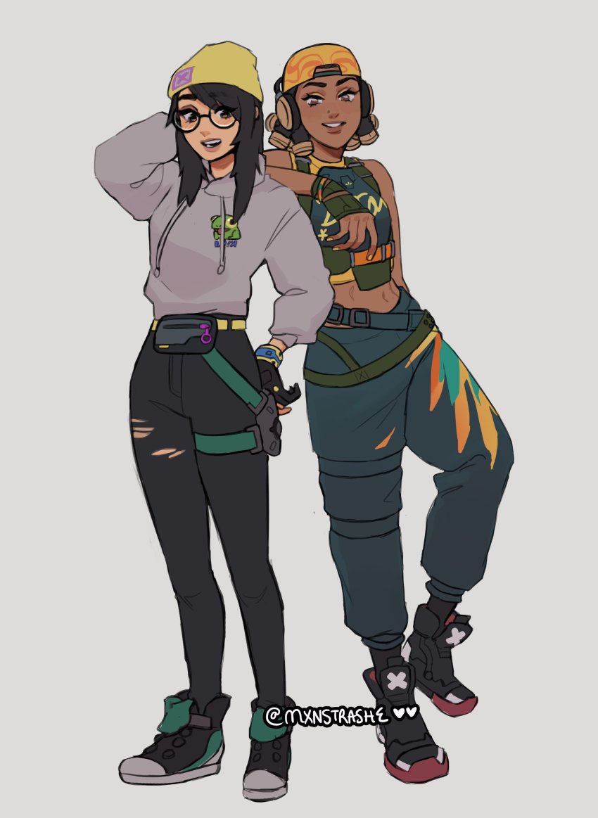 2girls, absurdres, animification, artist_name, beanie, belt, fingerless_gloves, gloves