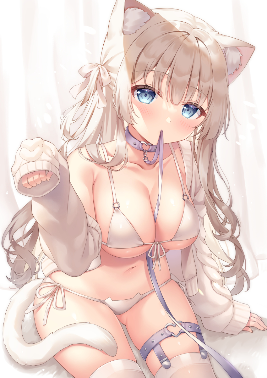 1girl, absurdres, animal_ears, bare_shoulders, between_breasts, bikini, blue_eyes, breasts, brown_hair, cat_ear_bikini, cat_ears, cat_girl, cat_tail, cleavage, collarbone, front-tie_bikini_top, front-tie_top, gluteal_fold, hand_up, highres, jacket, large_breasts, leash, long_hair, long_sleeves, looking_at_viewer, mouth_hold, navel, o-ring, o-ring_bikini, off_shoulder, open_clothes, open_jacket, original, shiono_(0303), side-tie_bikini_bottom, simple_background, sitting, sleeves_past_fingers, sleeves_past_wrists, solo, stomach, string_bikini, swimsuit, tail, thigh_strap, thighhighs, thighs, very_long_hair, white_background, white_bikini, white_jacket, white_thighhighs