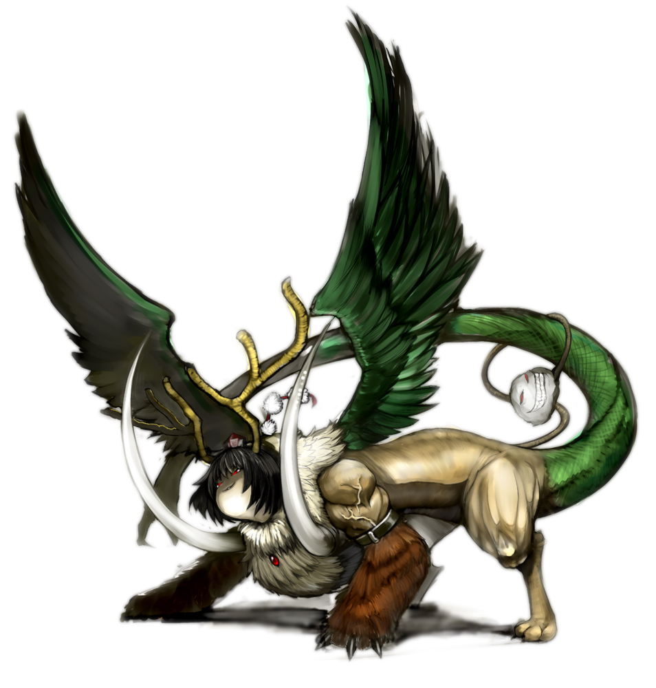 1girl, antlers, arugeri, black_hair, chimera, chimera_(creature), evil_grin, evil_smile, female_focus, grin, hat, horns, kimeemaru, multiple_tails, shameimaru_aya, short_hair, simple_background, smile, solo, tail, tokin_hat, touhou, tusks, wings, yukkuri_shiteitte_ne