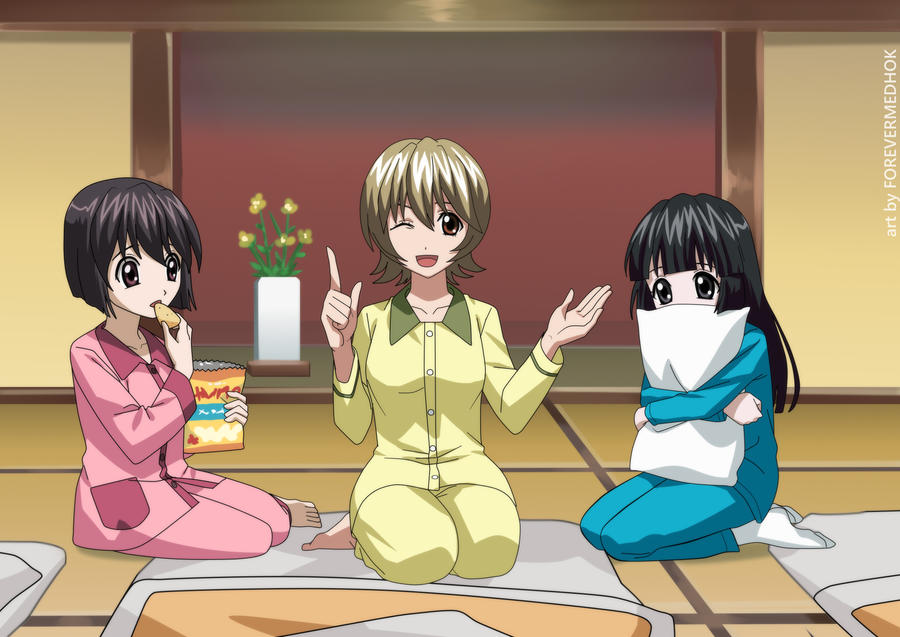 3girls, black_hair, blue_pajamas, chips_(food), elfen_lied, food, forevermedhok, futon, light_brown_hair, long_hair, mayu_(elfen_lied), multiple_girls, nozomi_(elfen_lied), hugging_object, pajamas, pillow, pillow_hug, pink_pajamas, short_hair, sleepover, sleepwear, tagme, tatami, yellow_pajamas, yuka_(elfen_lied)