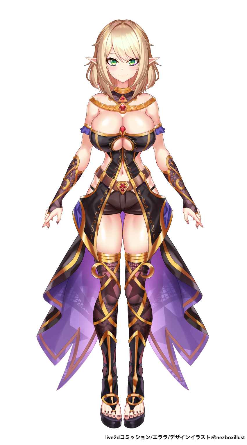 1girl, absurdres, armlet, blonde_hair, blush, breasts, bridal_gauntlets, closed_mouth, elara_(vtuber), elara_(vtuber_old_model), elf, eyeshadow, full_body, green_eyes, highres, indie_virtual_youtuber, jewelry, large_breasts, looking_at_viewer, makeup, medium_hair, nail_polish, navel, nez-box, original, pointy_ears, revealing_clothes, short_shorts, shorts, skindentation, smile, solo, standing, swept_bangs, tachi-e, thighhighs, virtual_youtuber