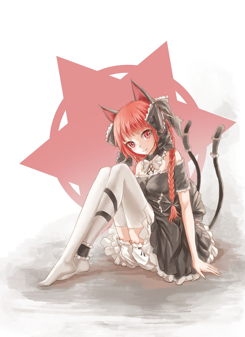 1girl, adapted_costume, animal_ears, bare_shoulders, bloomers, braid, cat_ears, hexagram, highres, kaenbyou_rin, knees_up, looking_at_viewer, multiple_tails, nekomata, red_eyes, red_hair, simple_background, sitting, smile, solo, star_of_david, tail, thighhighs, touhou, twin_braids, twintails, two_tails, underwear, yuchunde_longlei