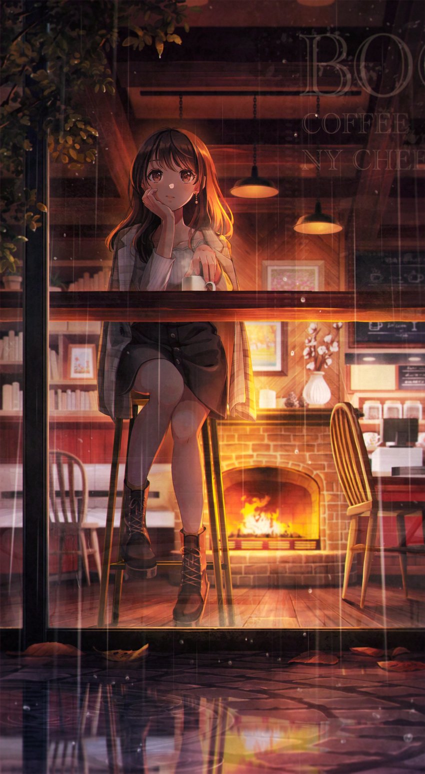 1girl, absurdres, black_boots, black_skirt, book, bookshelf, boots, brown_eyes