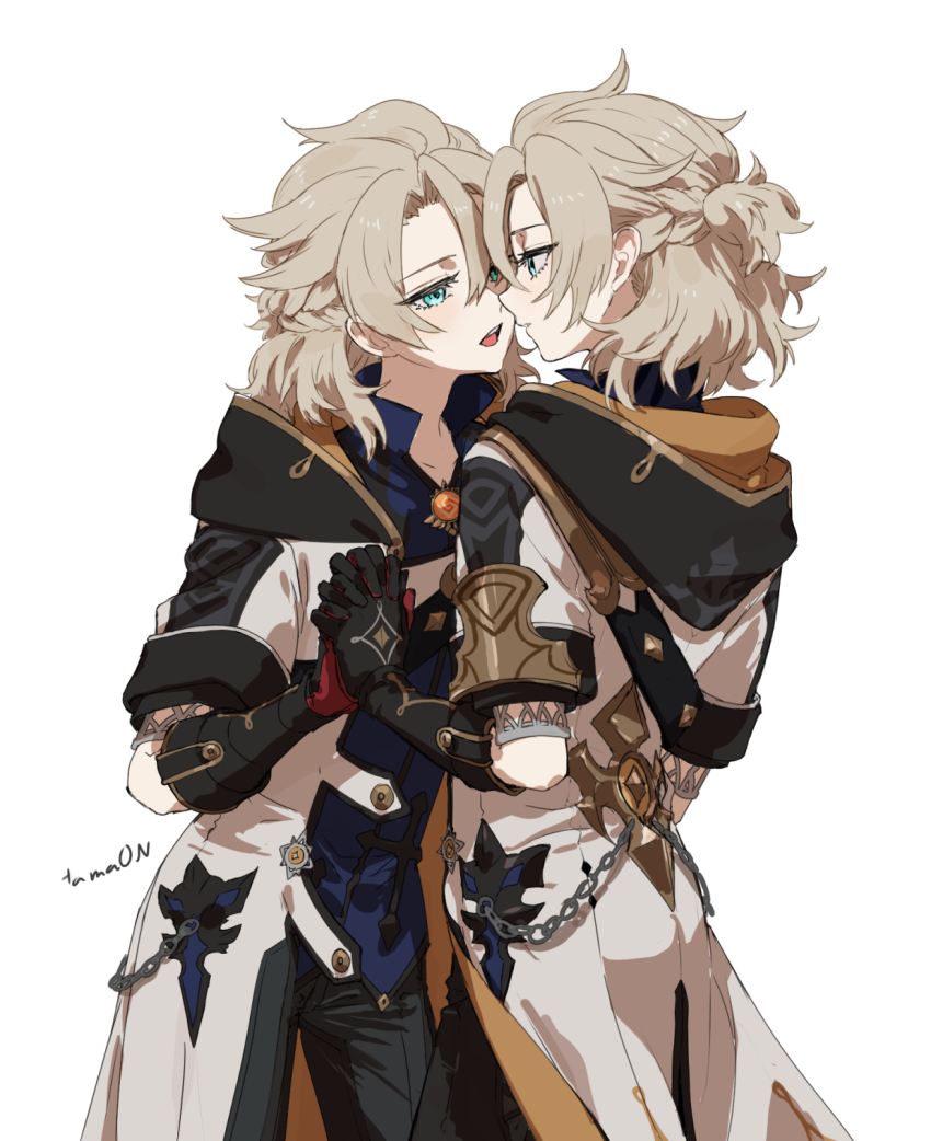 2boys, albedo_(genshin_impact), black_shorts, blue_eyes, blue_shirt, chain, clone, coat