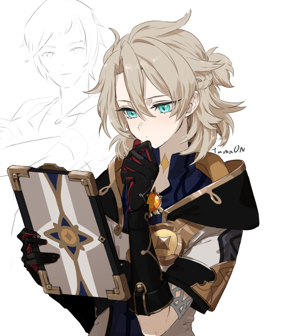 2boys, albedo_(genshin_impact), blue_eyes, blue_shirt, closed_mouth, coat, commentary_request, genshin_impact