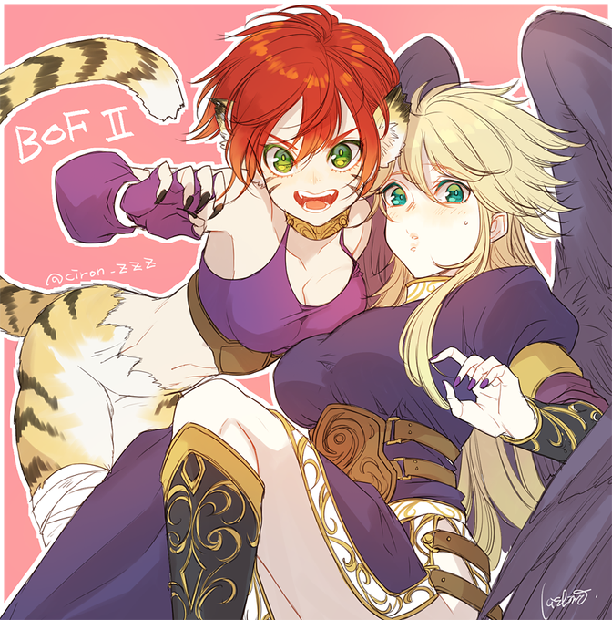 angel_wings, animal_ears, black_wings, blonde_hair, breath_of_fire, breath_of_fire_ii, capcom, cat_ears, cat_girl, cat_tail, fujimoto_kishino, green_eyes, nina_(breath_of_fire_ii), katt_(breath_of_fire), tail, tiger_tail, wings