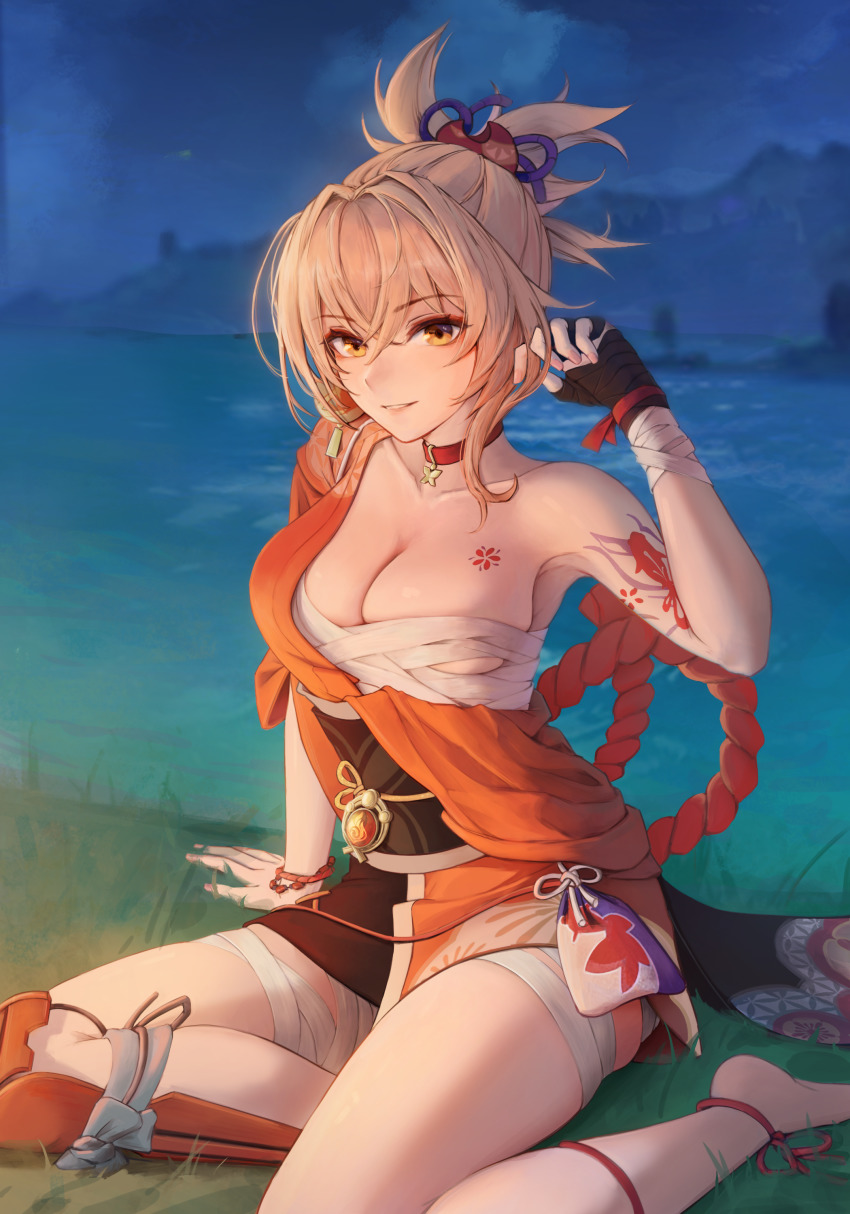 1girl, absurdres, arm_tattoo, bandaged_leg, bandaged_wrist, bandages, barefoot, blonde_hair, breast_tattoo, breasts, chest_sarashi, choker, cleavage, fingerless_gloves, genshin_impact, gloves, grass, highres, japanese_clothes, kimono, looking_at_viewer, medium_breasts, nanairo_(kim0116v), night, obi, orange_eyes, orange_kimono, outdoors, parted_lips, pendant_choker, ponytail, pouch, red_choker, river, sarashi, sash, single_fingerless_glove, sitting, sky, smile, solo, tattoo, thighs, vision_(genshin_impact), water, yoimiya_(genshin_impact), yokozuwari