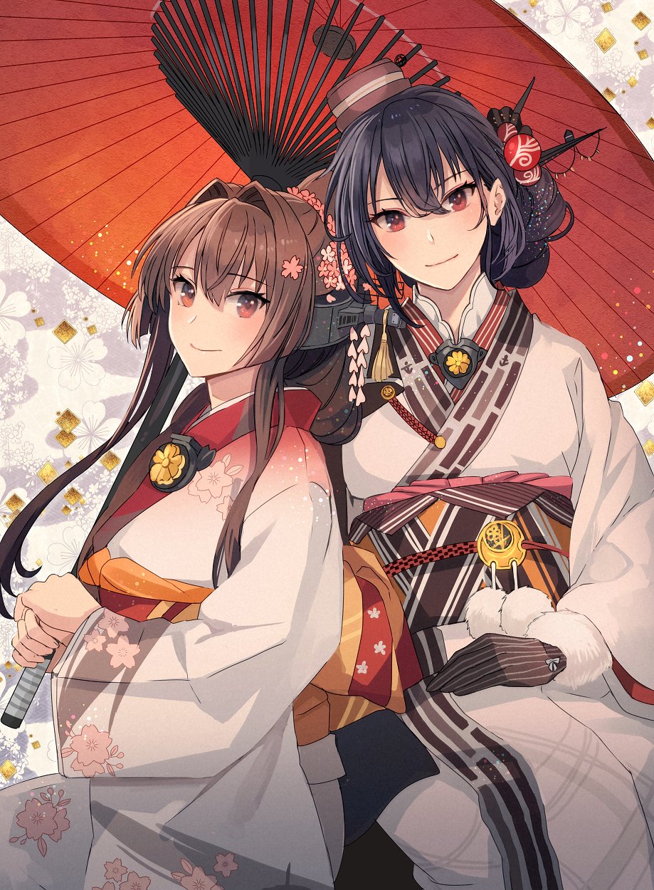 2girls, black_hair, blush, brown_eyes, brown_hair, closed_mouth, floral_print, flower, hair_between_eyes, hair_flower, hair_ornament, headgear, highres, holding, holding_umbrella, japanese_clothes, kantai_collection, kasumi_(skchkko), kimono, long_hair, long_sleeves, looking_at_viewer, multiple_girls, nagato_(kancolle), nagato_(new_year)_(kancolle), official_alternate_costume, oil-paper_umbrella, pink_flower, pom_pom_(clothes), ponytail, print_kimono, red_eyes, red_umbrella, smile, umbrella, upper_body, white_kimono, wide_sleeves, yamato_(kancolle)