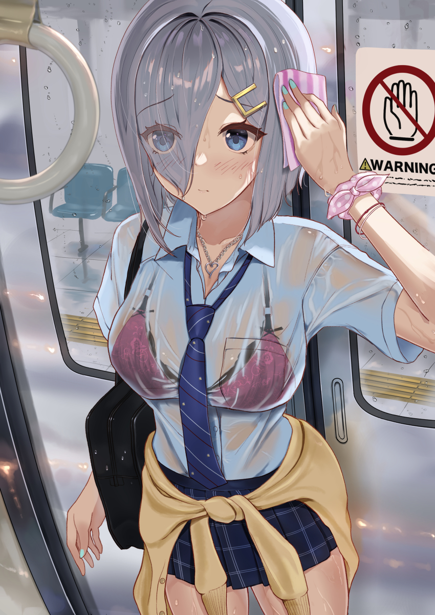 1girl, absurdres, bag, blue_eyes, blue_shirt, blush, bra, breasts, closed_mouth, clothes_around_waist, collarbone, green_nails, hair_ornament, hair_over_one_eye, hairclip, hamakaze_(kancolle), highres, holding, holding_bag, jacket, jacket_around_waist, jewelry, kantai_collection, large_breasts, looking_at_viewer, nail_polish, necklace, pink_bra, plaid_clothes, plaid_skirt, see-through_clothes, shirt, short_hair, silver_hair, skirt, solo, sweat, taki_rentaro, train_interior, underwear, wet, wet_clothes, wiping_sweat