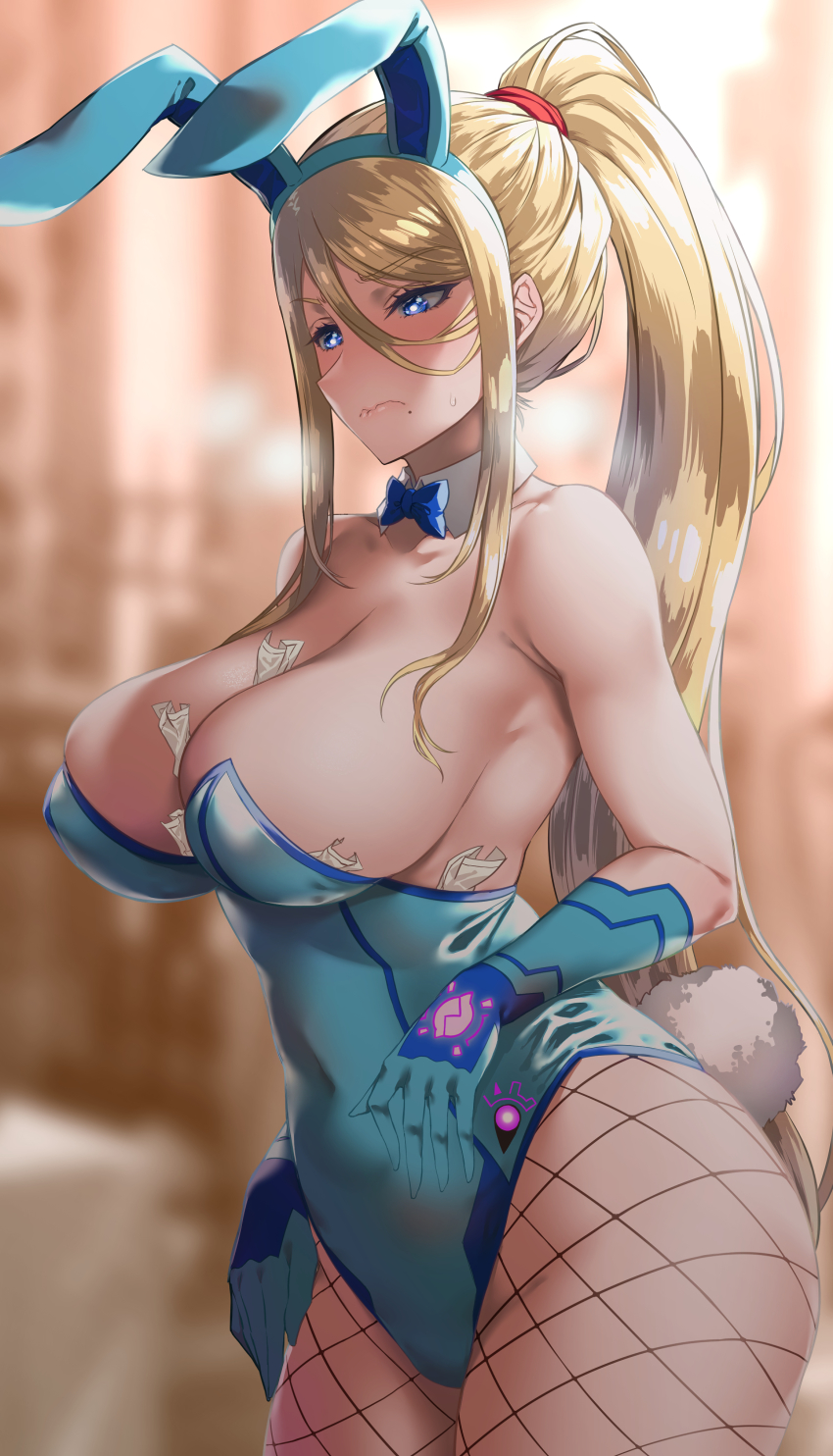 1girl, absurdres, adapted_costume, animal_ears, armpits, bare_shoulders, between_breasts, blonde_hair, blue_eyes, blue_gloves, blue_leotard, blurry, blurry_background, breasts, cleavage, closed_mouth, collar, collarbone, commentary_request, covered_navel, detached_collar, embarrassed, fake_animal_ears, fishnet_pantyhose, fishnets, gloves, hair_ornament, highleg, highleg_leotard, highres, large_breasts, leotard, lips, metroid, mole, mole_under_mouth, money, morimoto_kiyona, nintendo, pantyhose, playboy_bunny, ponytail, prostitution, rabbit_ears, rabbit_tail, samus_aran, sex, sidelocks, simple_background, solo, strapless, strapless_leotard, sweat, sweatdrop, tail, thighs