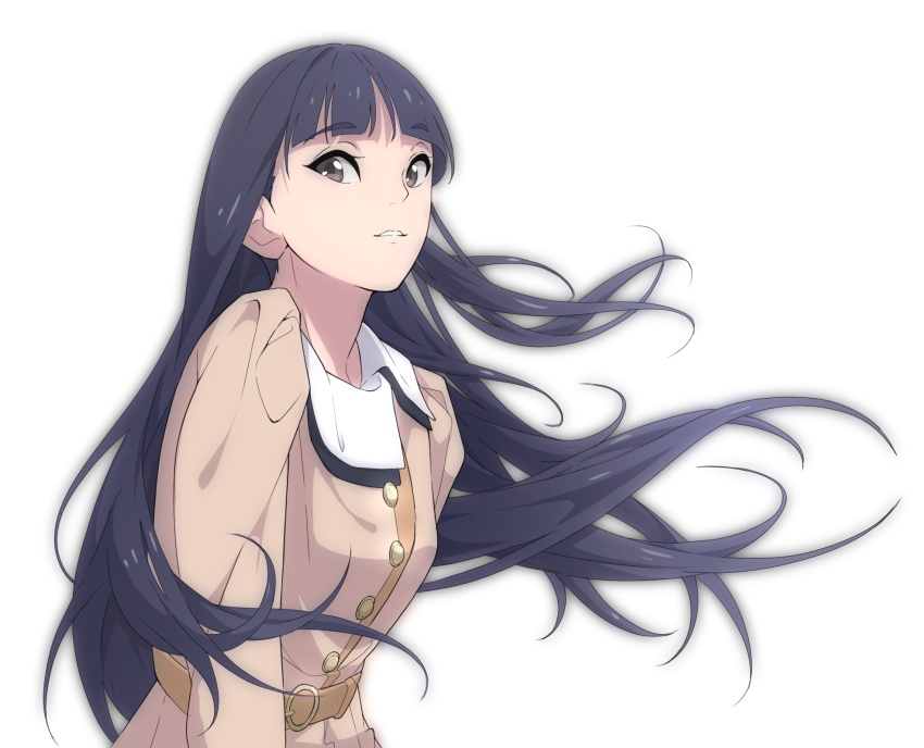 1girl, belt, black_hair, blunt_bangs, grey_eyes, highres, ikechi, long_sleeves