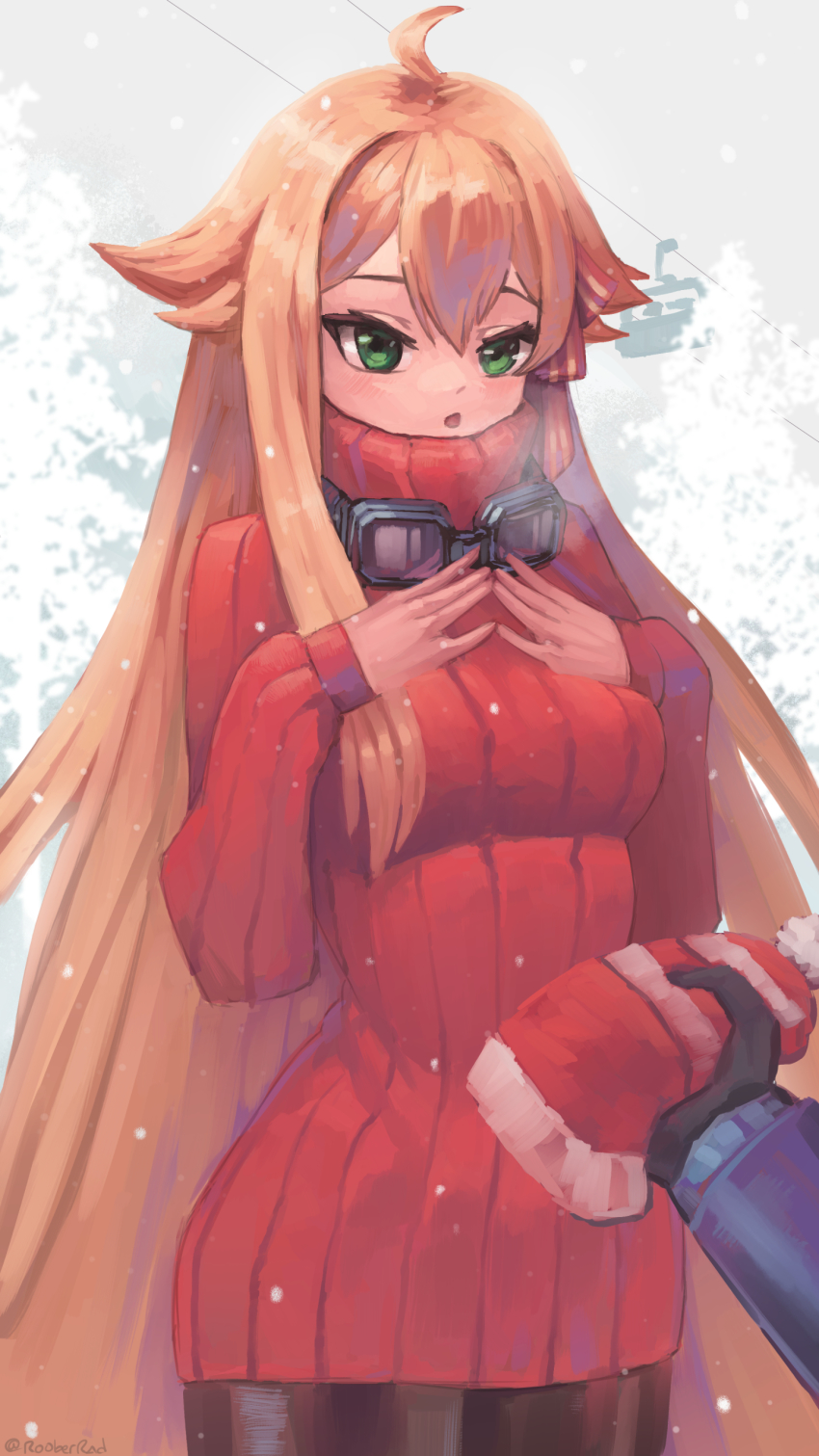 1girl, absurdres, bad_id, bad_pixiv_id, black_gloves, black_pantyhose, blonde_hair, blue_jacket, breasts, commentary, cowlick, english_commentary, gloves, goggles, goggles_around_neck, green_eyes, hat, highres, holding, holding_unworn_clothes, holding_unworn_hat, hoshino_char, jacket, looking_down, medium_breasts, pantyhose, pov, red_sweater, ribbed_sweater, roober, ski_lift, solo_focus, sweater, tree, tsunderia, unworn_hat, unworn_headwear, virtual_youtuber, white_background