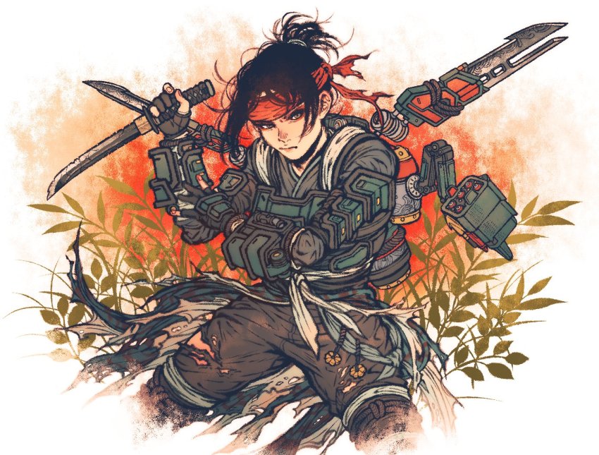 1girl, apex_legends, armor, black_hair, black_pants, brown_eyes, cloud_marauder_valkyrie, eyeshadow, hair_behind_ear, head_tilt, headband, jetpack, kanzumesabako, looking_at_viewer, makeup, missile_pod, official_alternate_costume, pants, plant, ponytail, red_eyeshadow, red_headband, solo, torn_clothes, torn_pants, valkyrie_(apex_legends)
