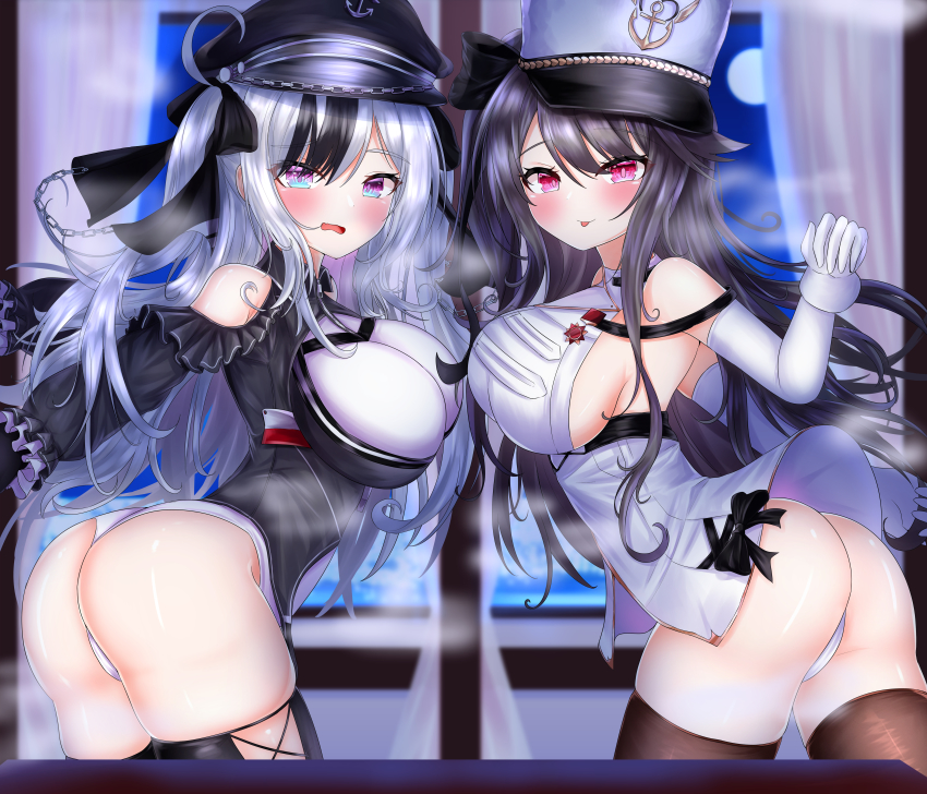2girls, absurdres, ass, azur_lane, bare_shoulders, black_dress, black_hair, black_headwear