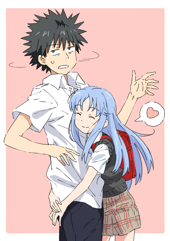 00s, 1boy, 1girl, backpack, bad_id, bad_pixiv_id, bag, banzai_nekomimi