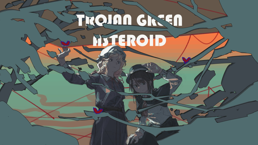 2girls, absurdres, black_skirt, blonde_hair, brown_hair, bug, butterfly, capelet