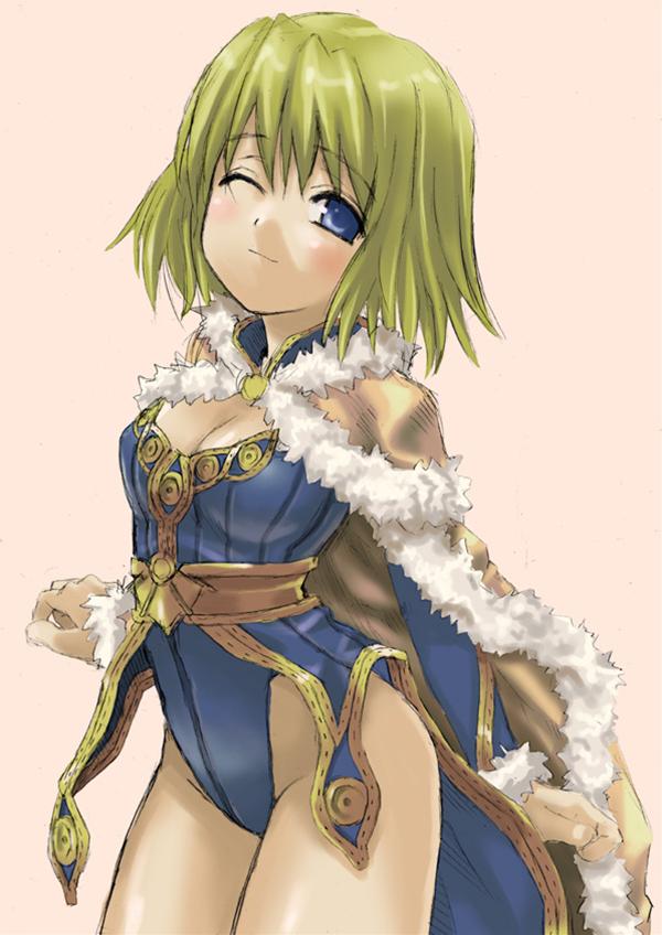 1girl, asanagi, blonde_hair, blue_eyes, breasts, cape, cleavage, coattails