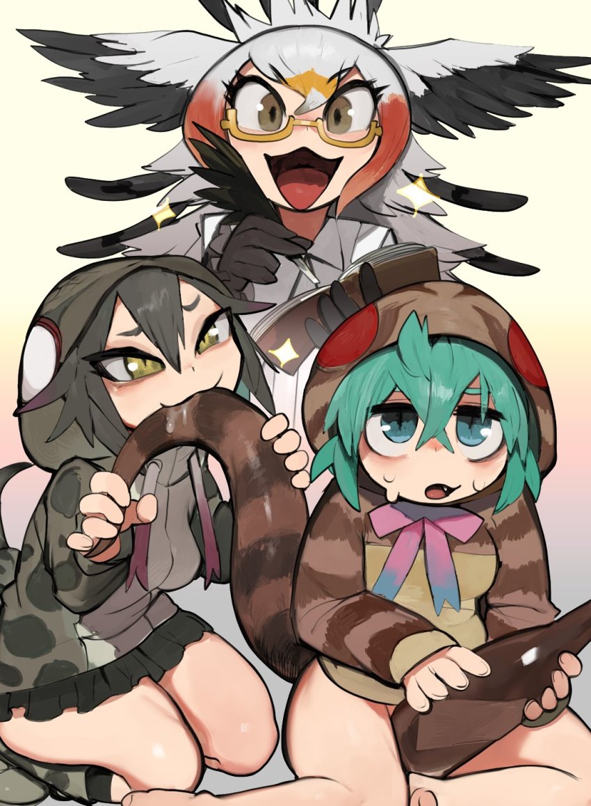 3girls, aqua_eyes, bare_legs, behind_another, bird_wings, biting, black_hair, bottle, bottomless, brown_eyes, cardigan, drawstring, feathers, furrowed_brow, gloves, grabbing, gradient_background, gradient_ribbon, green_hair, grey_hair, hair_between_eyes, head_wings, highres, holding, holding_feather, holding_notebook, hood, hood_up, hooded_cardigan, hoodie, jacket, kemono_friends, long_hair, long_sleeves, looking_at_another, looking_at_viewer, looking_up, microskirt, multicolored_hair, multiple_girls, notebook, okinawa_habu_(kemono_friends), orange_hair, raichiyo, red_hair, ribbon, saliva, secretarybird_(kemono_friends), sitting, skirt, slit_pupils, smile, snake_tail, striped_clothes, striped_hoodie, striped_tail, sweat, tail, tail_garter, tsuchinoko_(kemono_friends), wings, yellow_eyes