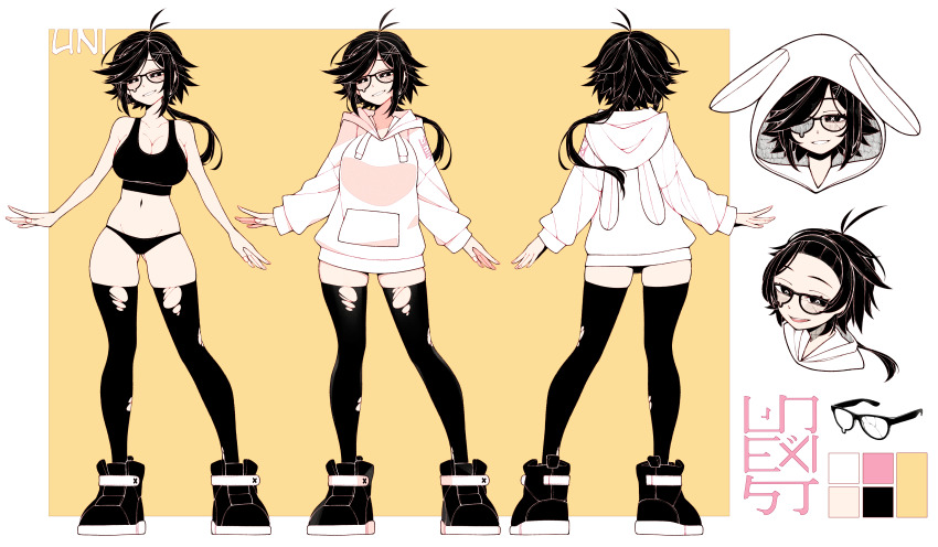 1girl, absurdres, animal_hood, black_eyes, black_footwear, black_panties, black_sports_bra, black_thighhighs