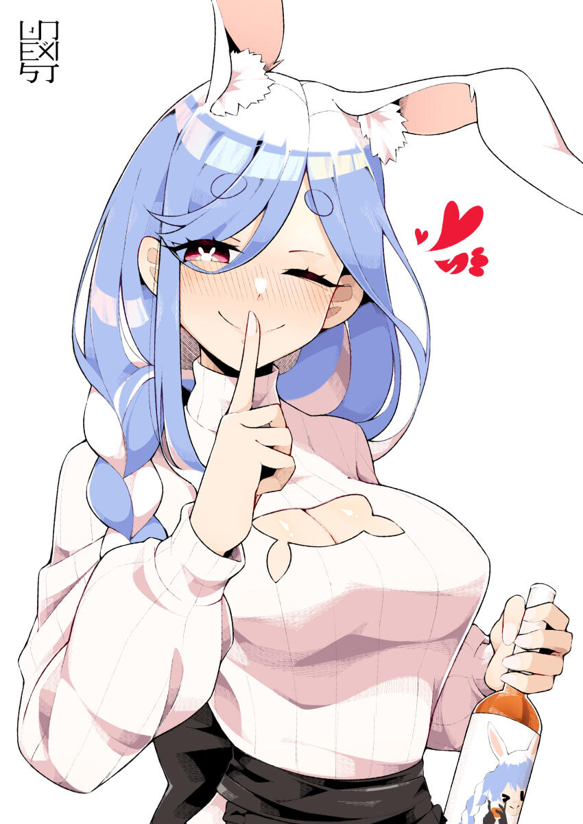 1girl, ;), absurdres, alcohol, animal_ear_fluff, animal_ears, apron, artist_logo, blue_hair, blush, bottle, braid, breasts, carrot, cleavage, cleavage_cutout, clothing_cutout, commentary, drunk, english_commentary, extra_ears, eyelashes, finger_to_mouth, fingernails, hair_over_shoulder, heart, highres, holding, holding_bottle, hololive, index_finger_raised, large_breasts, lips, logo, long_hair, looking_at_viewer, mature_female, multicolored_hair, one_eye_closed, pekomama, rabbit-shaped_pupils, rabbit_ears, rabbit_girl, red_eyes, ribbed_sweater, side_braid, simple_background, smile, solo, sweater, swept_bangs, symbol-shaped_pupils, two-tone_hair, unexistarts, usada_pekora, virtual_youtuber, white_background, white_sweater