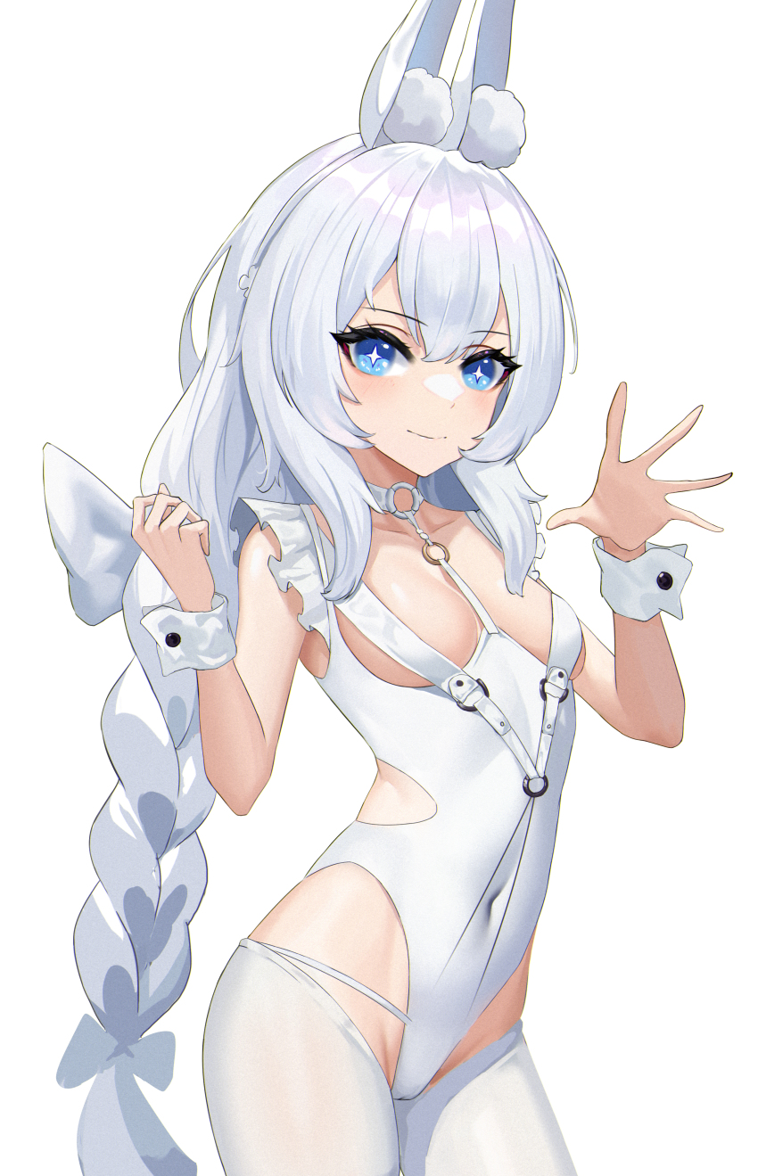+_+, 1girl, absurdres, animal_ear_fluff, animal_ears, azur_lane, blue_eyes, bow, braid, breasts, choker, closed_mouth, collarbone, commentary_request, covered_navel, fake_animal_ears, hair_bow, highres, lazurite, le_malin_(azur_lane), le_malin_(listless_lapin)_(azur_lane), leotard, looking_at_viewer, low_twin_braids, o-ring, o-ring_choker, official_alternate_costume, playboy_bunny, rabbit_ears, sidelocks, silver_hair, simple_background, sleeveless, small_breasts, smile, solo, standing, twin_braids, white_background, white_bow, white_legwear, white_leotard, wrist_cuffs