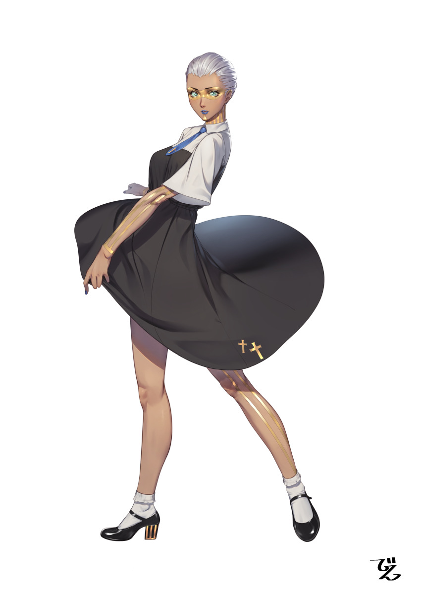 1girl, abdiel_(megami_tensei), absurdres, beeeeen, blue_nails, cross, dark-skinned_female, dark_skin, demon_(megami_tensei), dress, facial_mark, green_eyes, highres, holding_own_dress, lipstick, makeup, nail_polish, shin_megami_tensei, shin_megami_tensei_v, shoes, short_hair, socks, tattoo, two-tone_dress, white_background, white_hair