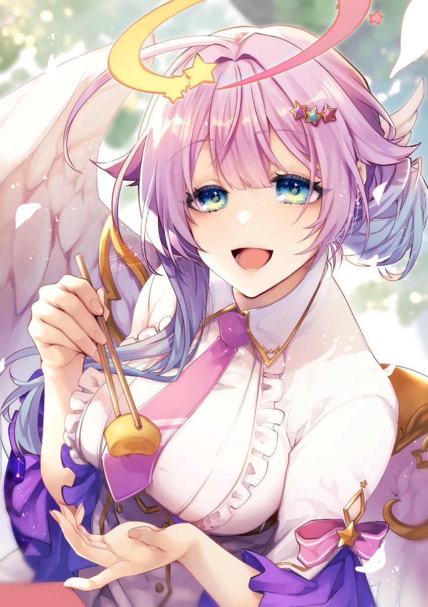 1girl, :d, ahoge, angel_wings, blue_eyes, blue_hair, blurry, blurry_background