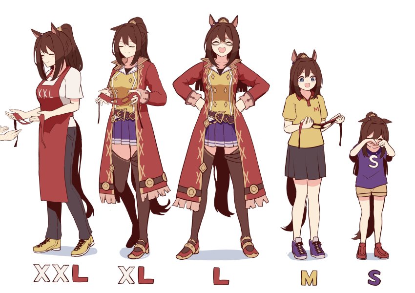 1girl, absurdres, age_progression, animal_ears, apron, blue_eyes, blue_shirt, boots, brown_hair, coat, crying, domino_mask, el_condor_pasa_(umamusume), eye_mask, hands_on_own_hips, highres, horse_ears, horse_girl, horse_tail, laughing, mask, petoka, pleated_skirt, ponytail, red_coat, shirt, skirt, smile, tail, thigh_boots, thighhighs, umamusume, unworn_mask, white_background, white_shirt, yellow_shirt
