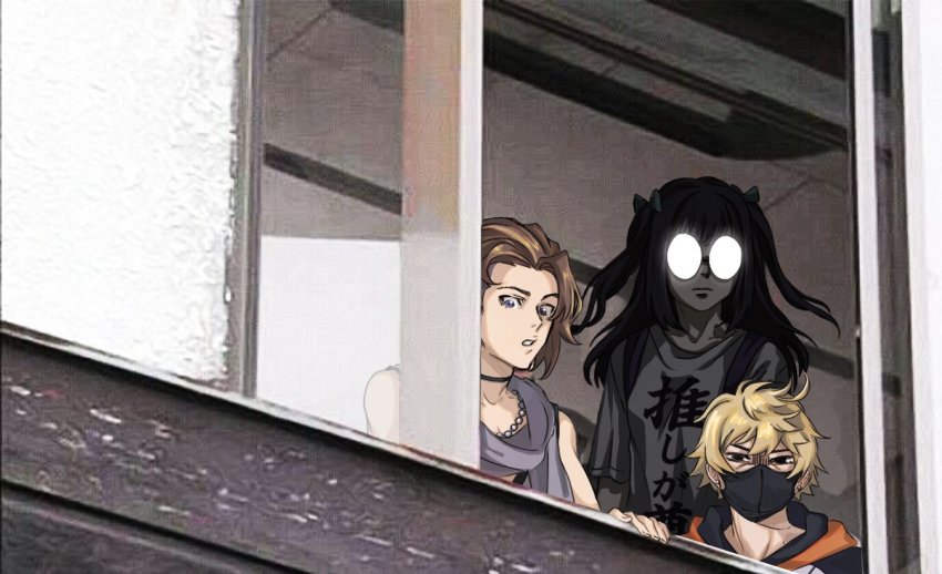 1girl, 2boys, black_coat, black_vest, blonde_hair, brown_hair, choker, closed_mouth