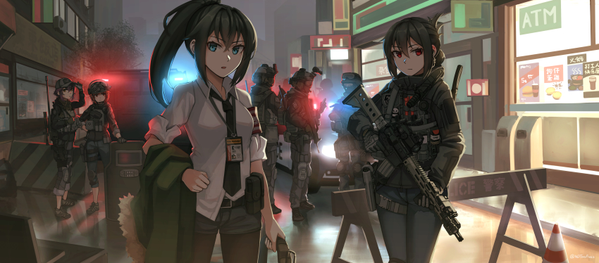 3boys, 4girls, absurdres, armband, ballistic_shield, barricade, baseball_cap, black_gloves
