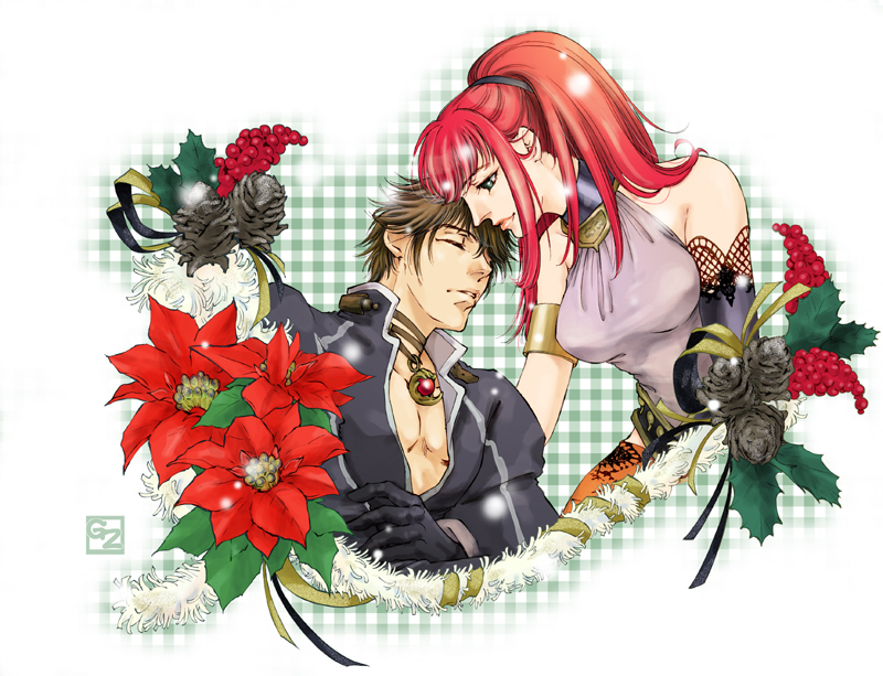 1boy, 1girl, armband, bare_shoulders, brown_hair, couple, closed_eyes, flower, g-zennosuke, green_eyes, karin_koenig, long_hair, ponytail, red_hair, shadow_hearts, shadow_hearts_ii, short_hair, yuri_hyuga
