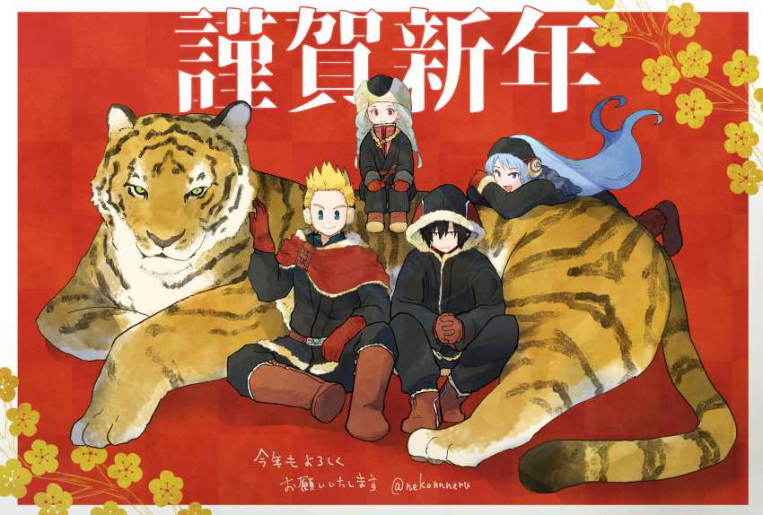 2boys, 2girls, amajiki_tamaki, boku_no_hero_academia, cherry_blossoms, chinese_zodiac, eri_(boku_no_hero_academia), hado_nejire