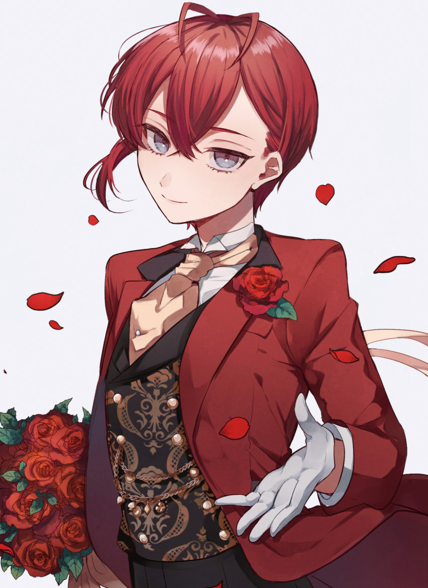 1boy, ahoge, blue_eyes, flower, formal_clothes, gloves, heart, highres, kenpin, looking_at_viewer, looking_to_the_side, necktie, pale_skin, petals, reaching, reaching_towards_viewer, red_hair, riddle_rosehearts, riddle_rosehearts_(suitor_suit), rose, solo, twisted_wonderland
